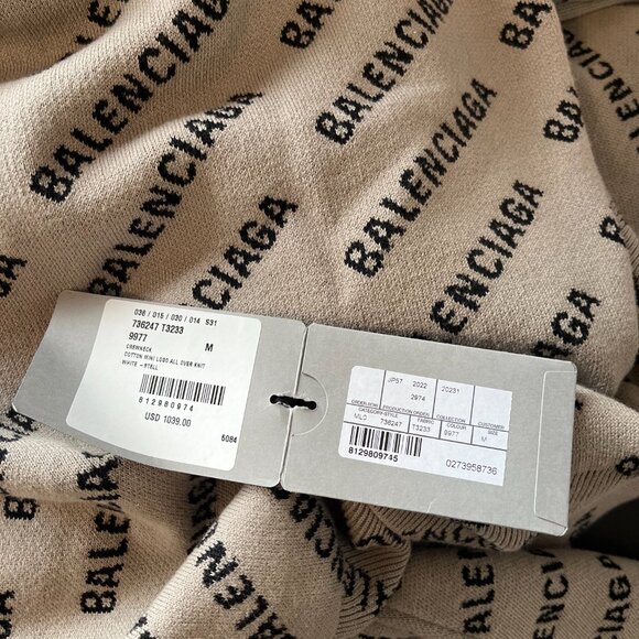 NWT Balenciaga Long Sleeve Knit Top Crewneck Mini Logo Allover White Wool Blend - Picture 8 of 9